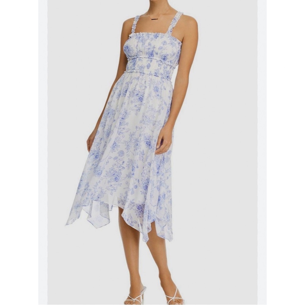 Aqua Printed Floral Flowy Sleeveless Midi Dress Blue White Xs